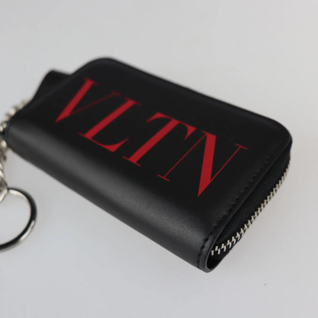 Pre-Owned Valentino Garavani coin case TY2P0P24LVN leather black red silver metal fittings round zipper purse with key ring (Like New)