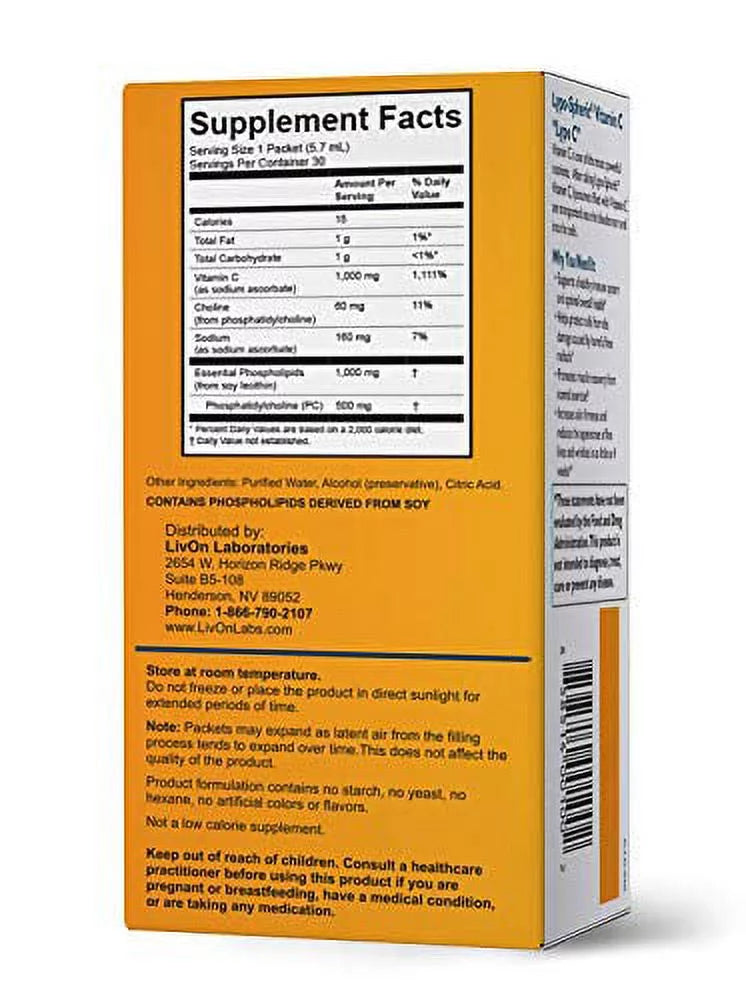 Lypo-Spheric Vitamin C - 3 Cartons (90 Packets) - 1,000 mg Vitamin C & 1,000 mg Essential Phospholipids Per Packet - Liposome Encapsulated for Improved Absorption - 100% Non-GMO