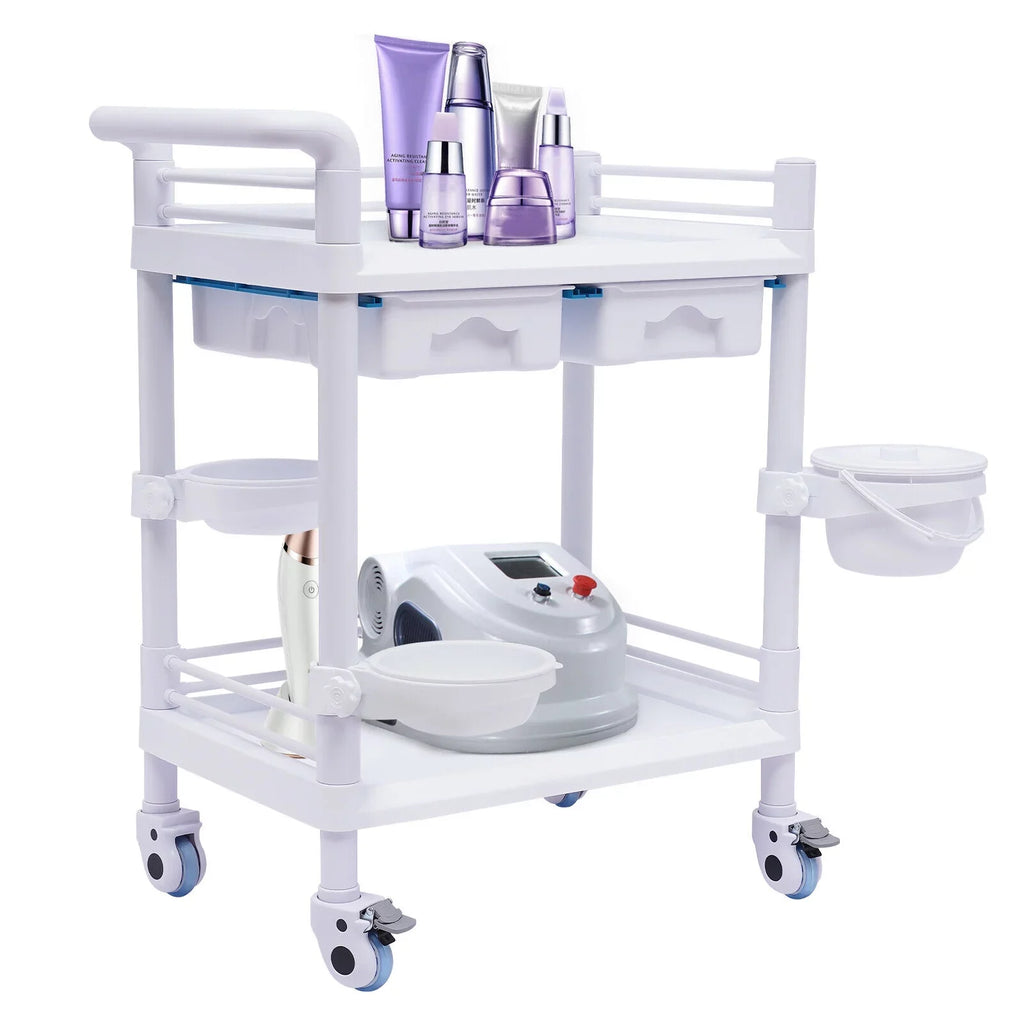 Miumaeov Medical Trolley 2 Tier Spacious Beauty Salon Rolling Trolley with Dirt Buckets Drawers 360°Rotate Wheels Heavy Duty Medical Utility Cart for Hospital Dental Clinic