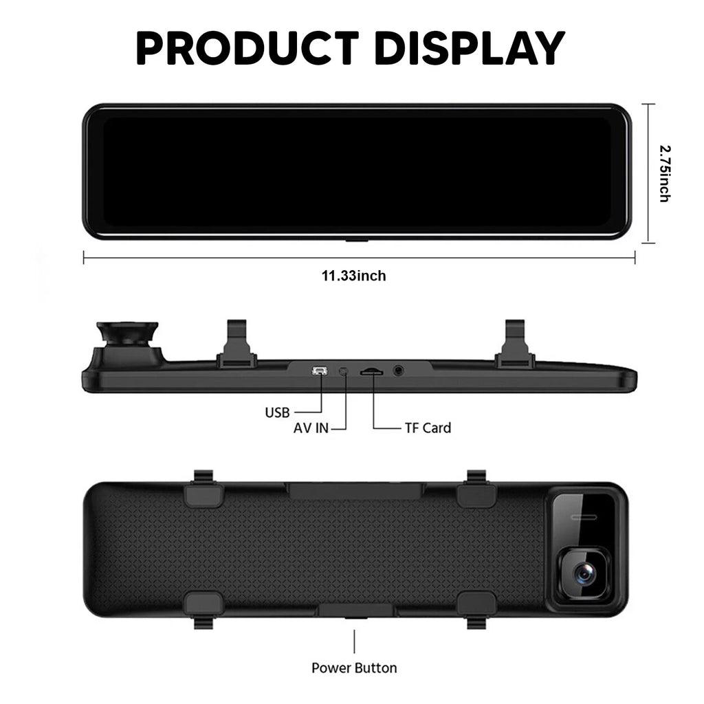Car Rear View Mirror Camera Dual Dash Cam DVR Video Recorder Driving Recorder with Night Vision Panoramic Rearview Mirror with 4K 12" Full Touch Screen