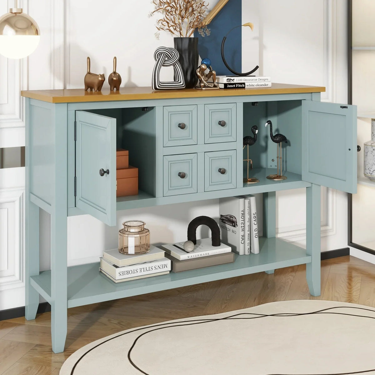 TREXM Cambridge Series Ample Storage Vintage Console Table with Four Small Drawers and Bottom Shelf for Living Rooms Entrances and Kitchens (Antique Gray OLD SKU WF190263AAE)
