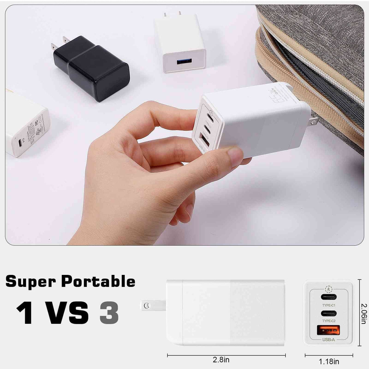 UrbanX 65W Fast Travel Charger with 3 Ports USB & Dual USB-C High-Speed Charging Compatible with HTC One A9/One M9/Desire Eye/Butterfly 2/One Remix, iPhone, Samsung Galaxy, Google Pixel, MacBook